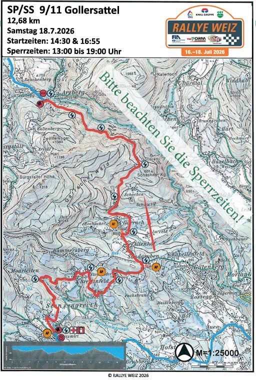 Rallye Weiz 2026: Streckenplan SP/SS 9/11 Gollersattel mit Sperrzeiten und Höhenprofil