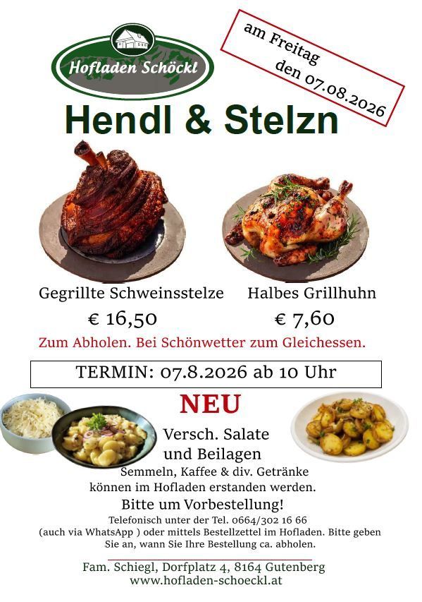 A menu advertisement for Hofladen Schöckl featuring grilled pork chop and half grilled chicken with prices. It also includes a new salad and side dish option. The menu is available for pickup on August 7, 2026, at 10 AM.