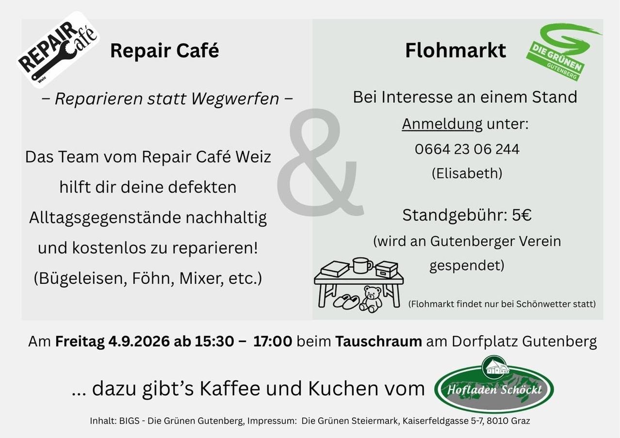 An advertisement for a Repair Café and Flohmarkt event on September 4, 2026, from 3:30 PM to 5:00 PM at Dorfplatz. The Repair Café offers repair services for broken items, and the Flohmarkt is a flea market with a 5€ entry fee. Coffee and cakes are available.