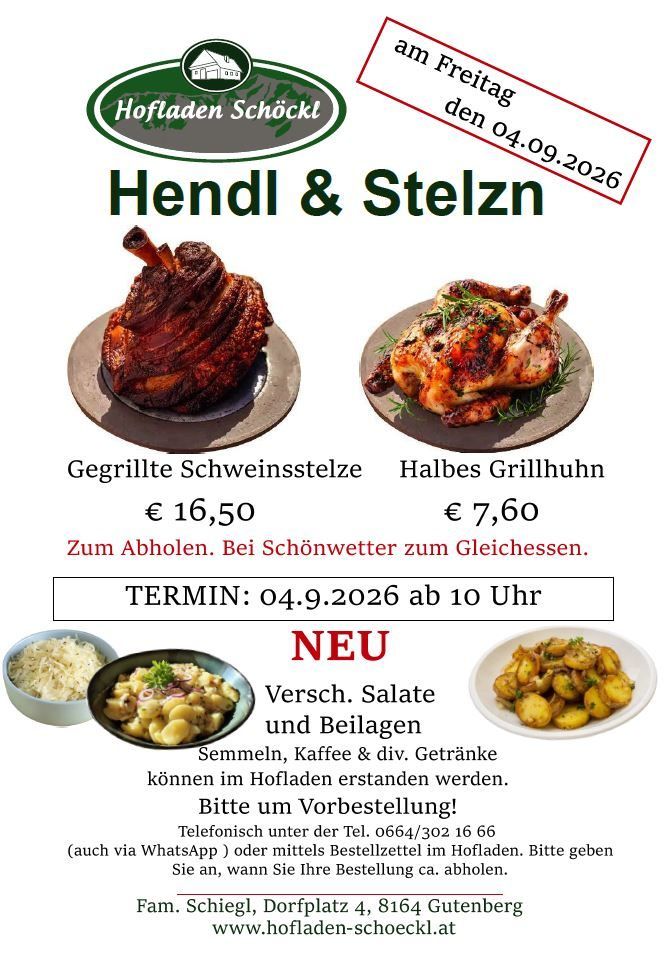 An advertisement for Hofladen Schockl featuring grilled pork chop and chicken, priced at 16.50 and 7.60 euros respectively. The event is scheduled for September 4, 2026, at 10 AM. Additional dishes and beverages are available for purchase.
