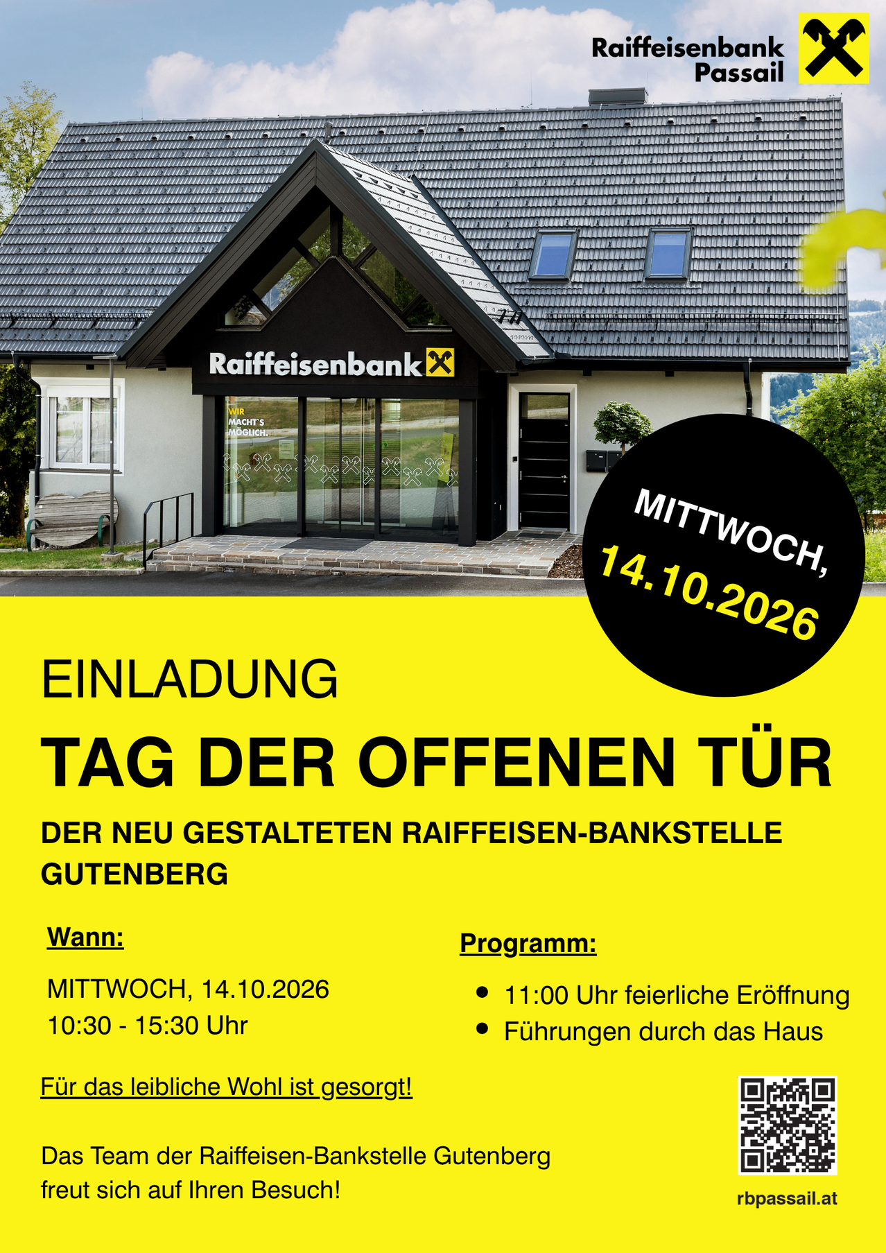 Werbeanzeige für die Open-House-Veranstaltung der Raiffeisenbank am 14. Oktober 2026 mit der neuen Zweigstelle Gutenberg.