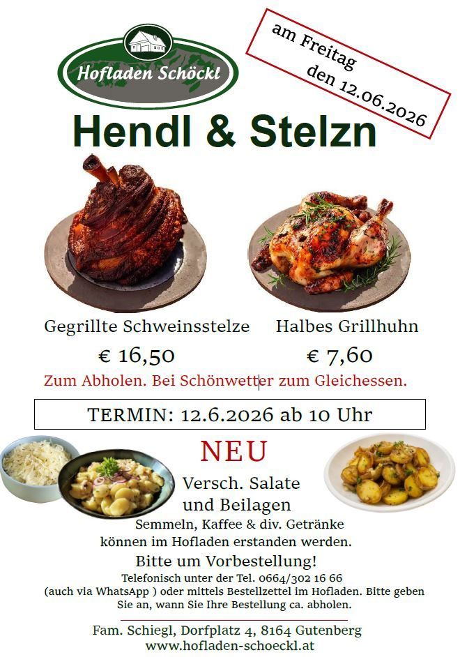 An advertisement for Hofladen Schöckl's Hendl & Stelzn on June 12, 2026, featuring a roasted pork and a half grilled chicken. Prices are 16.50 euros and 7.60 euros, respectively. Reservation required.