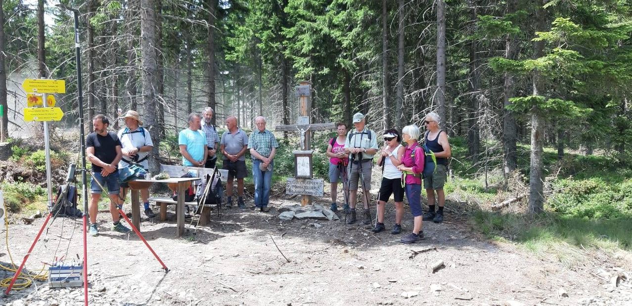 A group of hikers gather around a cross in a forest, some wearing backpacks and holding trekking poles. A wooden bench and a table with a backpack on it are nearby.