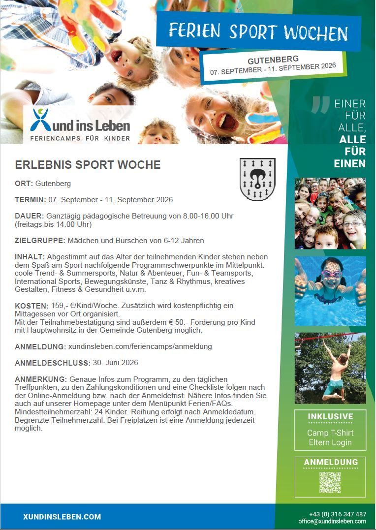 Erleben Sie die Sportwoche in Gutenberg vom 07. September bis 11. September 2026. Ganztägige pädagogische Betreuung von 8:00-16:00 Uhr (Freitag bis 14:00 Uhr) für Mädchen und Jungen von 6-12 Jahren. Aktivitäten umfassen Sport, Natur, Spaß und internationale Sportarten. Verpflegung, Anmeldegebühr und optionaler Essenszuschuss. Anmeldeschluss 30. Juni 2026.