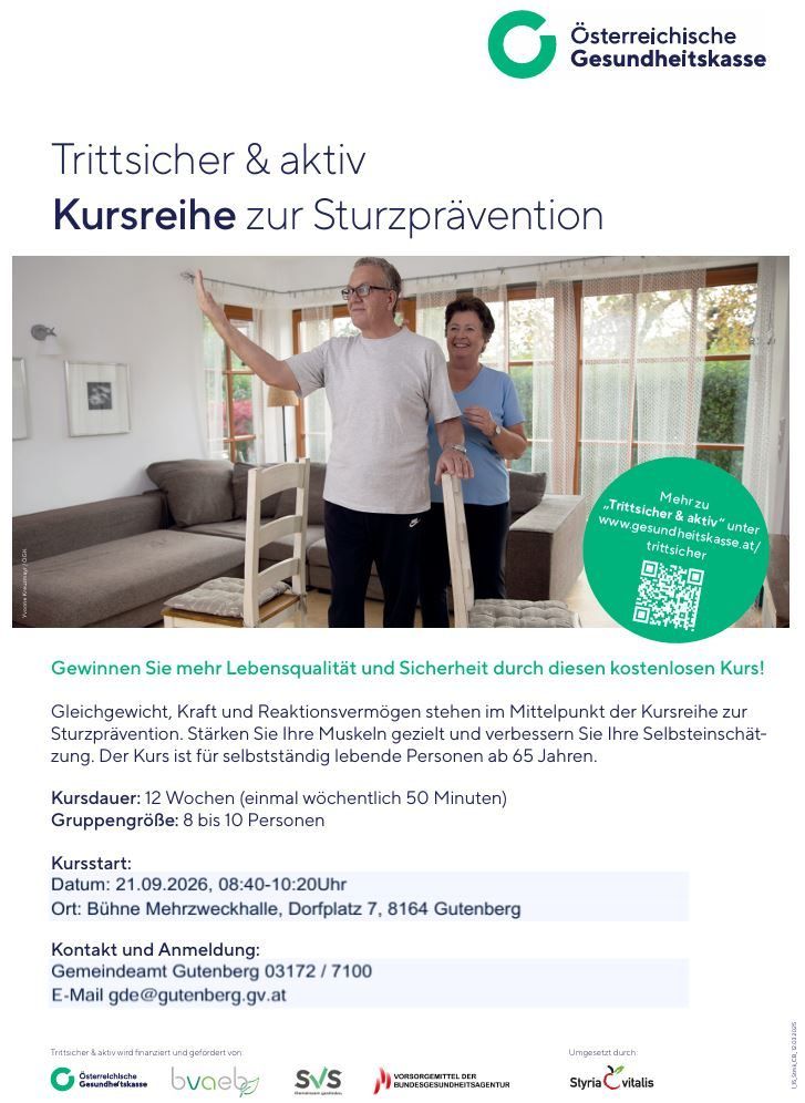Ein Werbeflyer für einen kostenlosen Sturzpräventionskurs für Personen über 65 Jahre. Der Flyer zeigt einen Mann und eine Frau, die lächelnd stehen und sich an Stühlen festhalten. Kursdetails umfassen eine 12-wöchige Dauer, einmal pro Woche für 50 Minuten.