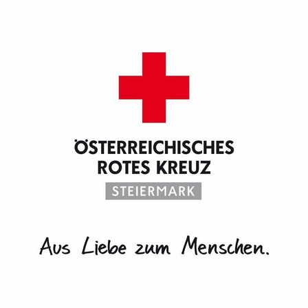 Auf einem weißen Hintergrund ist das rote Kreuz-Symbol des Österreichischen Roten Kreuzes abgebildet, mit dem Text 'Österreichisches Rotes Kreuz' darüber und 'Steiermark' darunter. Der Wahlspruch 'Aus Liebe zum Menschen' ist in Deutsch geschrieben.