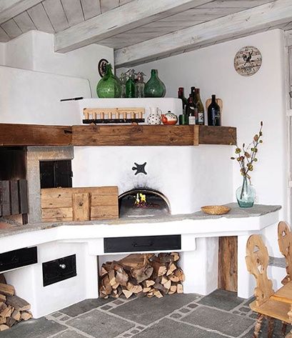 Ein Innenkamin mit Feuerstelle, Regalen mit Flaschen und Holzmöbeln. Eine Uhr ist an der Wand.