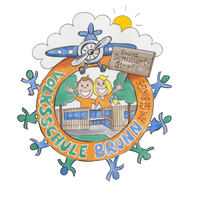 Das Logo für Franz Schubert Strasse zeigt ein kreisförmiges Emblem mit Kindern, die ihre Arme heben, einem Flugzeug und einem Gebäude. Der Text ist in einer verspielten Schriftart geschrieben.