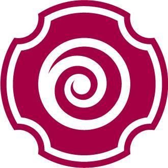 Ein rotes achteckiges Emblem mit einer weißen Spirale in der Mitte, weiß umrandet.