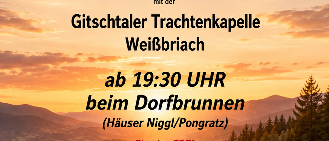 Plakat für eine Abendveranstaltung namens Dämmerschoppen. Es zeigt einen Sonnenuntergang, Berge und ein Dorf mit einem Brunnen. Die Veranstaltung findet am 17. Juli 2026 um 19:30 Uhr statt. Der Eintritt ist frei.