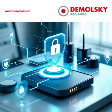 Ein digitales Sicherheitsschild schwebt über einem Router auf einem Schreibtisch. Das Schild und der Router leuchten in blauem Licht, und ein Schlosssymbol ist prominent angezeigt.