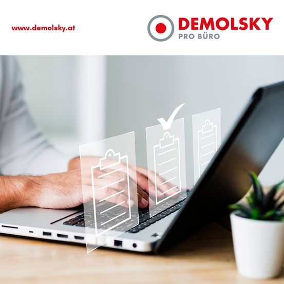 Eine Person benutzt einen Laptop mit dem Demolsky Pro Buro Logo und der Website sichtbar, und einem Häkchen-Symbol auf dem Bildschirm.