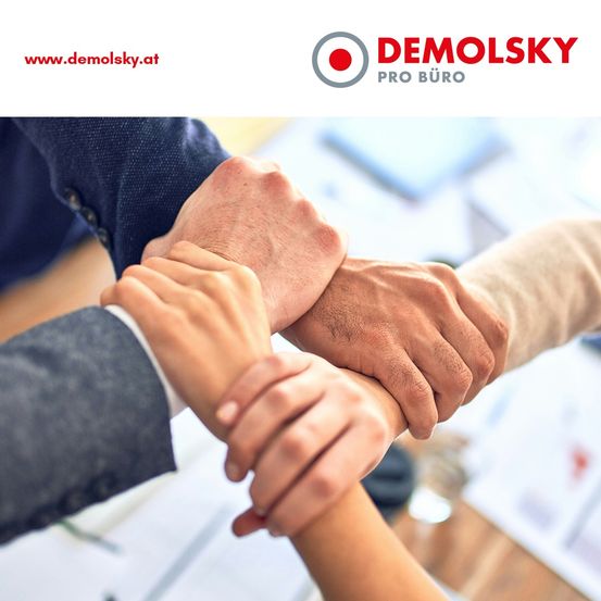 Zwei Personen halten sich in einer Büroumgebung die Hände. Oben ist ein Logo und eine Website für Demolsky Pro Büro zu sehen.