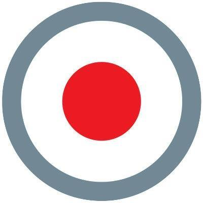 Ein kreisförmiges Logo mit einem weißen Zentrum, einem roten Kreis und einem grauen Außenring.