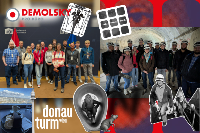 Eine Collage von Bildern zeigt eine Gruppe von Personen mit Namensschildern, eine Person in einem Tunnel und ein Schild mit der Aufschrift 'Donau Turm Wien.' Andere Bilder zeigen einen Turm, eine Flagge und ein Symbol mit dem Wort 'DEMOLSKY' darauf.