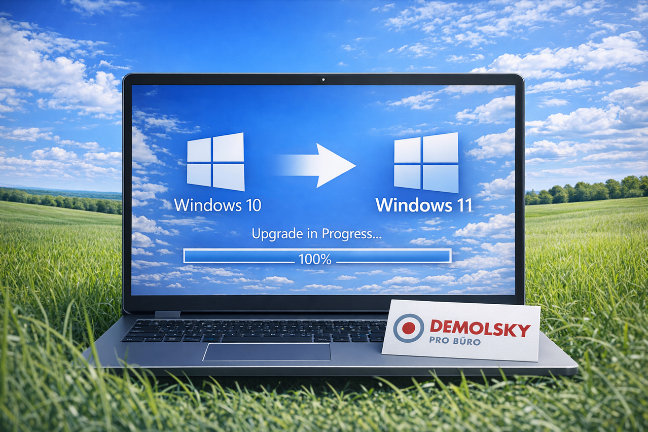 Ein Laptop mit Windows 10, das auf Windows 11 aktualisiert wird, ist auf dem Bildschirm zu sehen. Der Bildschirm zeigt einen blauen Himmel und einen Fortschrittsbalken bei 100%. Ein Visitenkarte für Demolsky Pro Buro ist neben dem Laptop platziert.