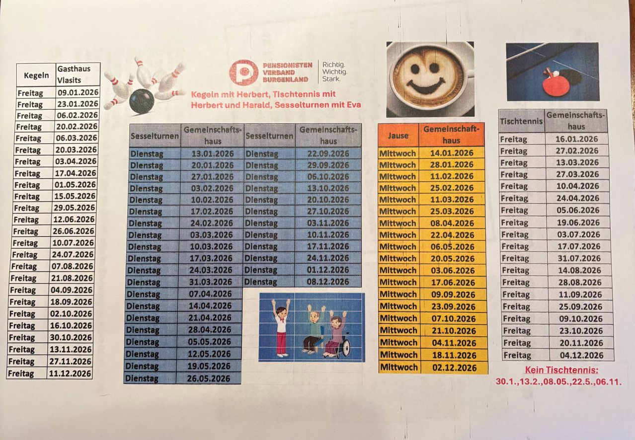 Das Bild zeigt einen Zeitplan für verschiedene Aktivitäten mit Datum und Uhrzeit, zusammen mit einem Bild einer Kaffeetasse mit einem lächelnden Gesicht.