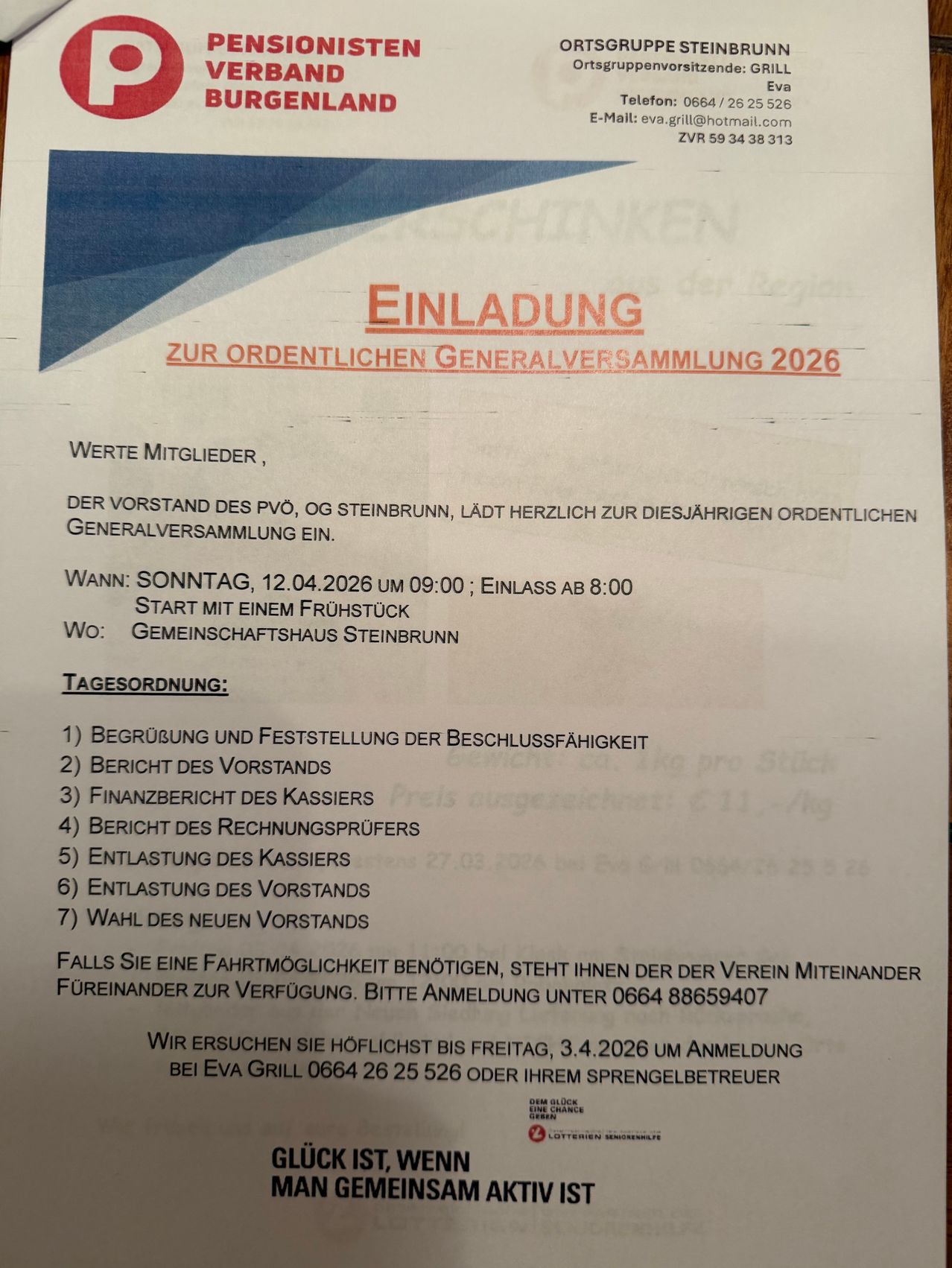 Der Vorstand des PVO lädt zur diesjährigen ordentlichen Generalversammlung ein. Datum: Sonntag, 12.04.2026 um 09:00; Einlass ab 8:00. Start mit einem Frühstück. Ort: Gemeinschaftshaus Steinbrunn. Tagesordnung: Genehmigung und Feststellung der Beschlussfähigkeit, Bericht des Vorstands, Finanzbericht des Kassiers, Bericht des Rechnungsprüfers, Entlastung des Kassiers, Entlastung des Vorstands, Wahl des neuen Vorstands.