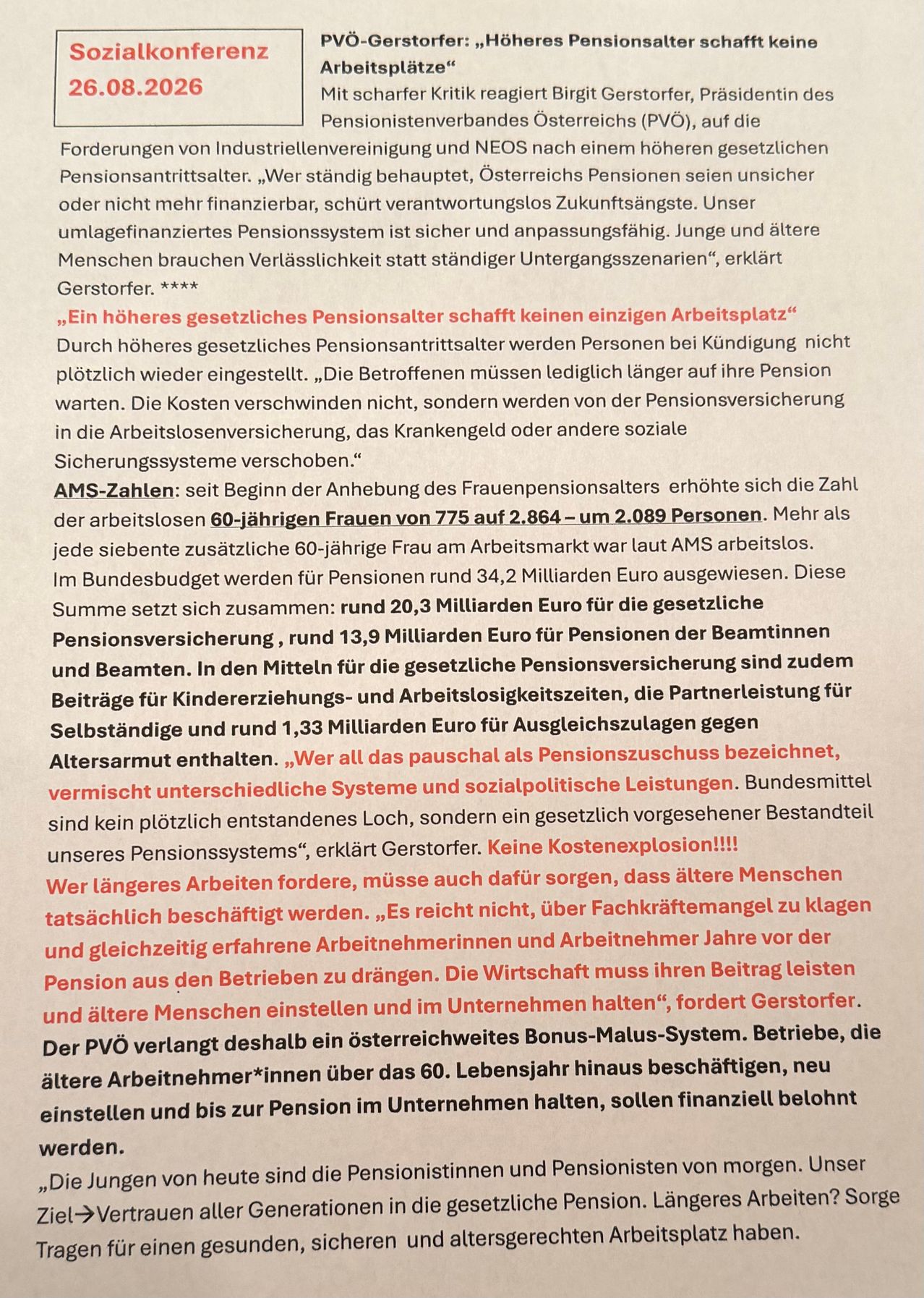A document discusses the financial sustainability of a pension system, highlighting the need for reliability over frequent changes. It mentions the impact of raising the statutory pension age on employment and the redistribution of costs to other social insurance systems. It also provides statistics on the number of unemployed 60-year-old women and the budget allocation for pensions.