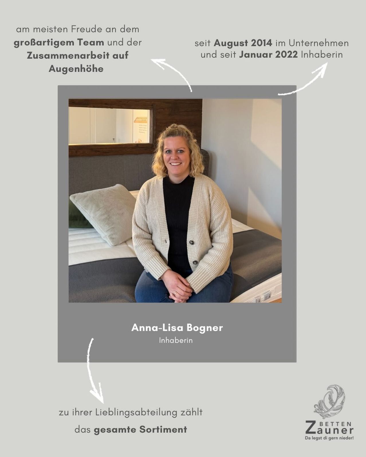 A smiling woman sits on a bed in a room with a wooden headboard. She wears a cream cardigan over a black top. The text 'Anna-Lisa Bogner Inhaberin' is displayed below.