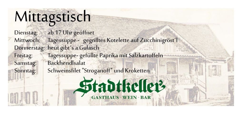 Eine alte Werbung für ein Restaurant. Es listet die Tageskarte auf, einschließlich Gerichte wie gegrillte Kotelette auf Zucchini und gefüllte Paprika mit Salzkartoffeln. Das Bild zeigt das Restaurant mit einer Person, die davor steht.