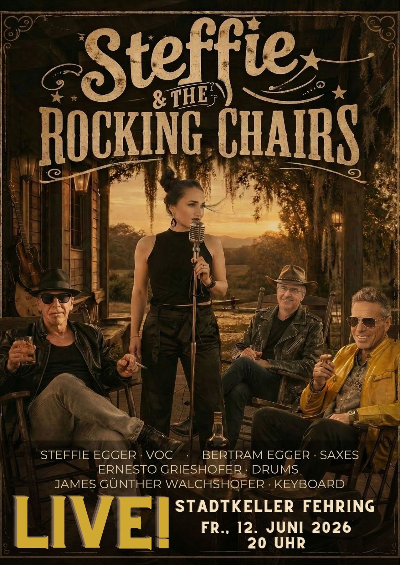 A band called Joe & The Rocking Chairs is shown with a woman singing. Three men are sitting in rocking chairs, one of whom is smoking.