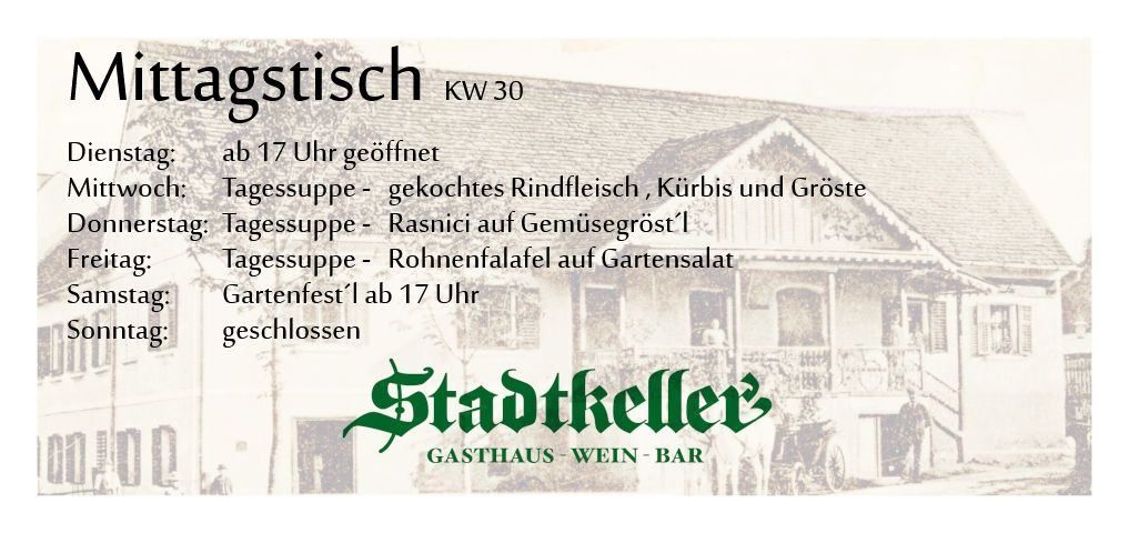 Ein Schwarz-Weiß-Bild einer Speisekarte für ein Restaurant namens Stadtkeller. Die Speisekarte listet tägliche Suppen und ein Gartenfest auf. Das Bild zeigt auch ein Gebäude und eine Pferdekutsche.