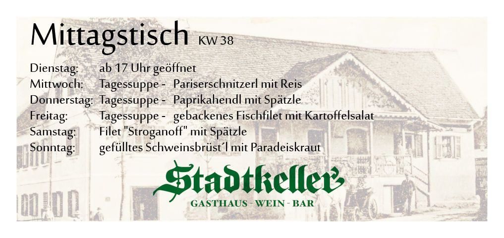 A menu from a restaurant called Stadtkeller, featuring various dishes and opening hours.