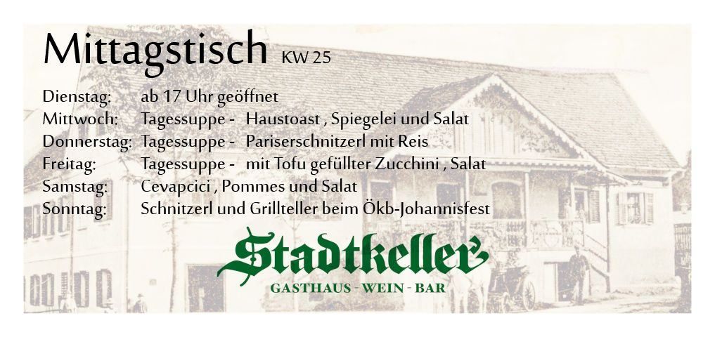 Stadtkeller Gasthaus - Wein Bar. Speisekarte umfasst Haustoast, Spiegelei und Salat. Geöffnet ab 17 Uhr.