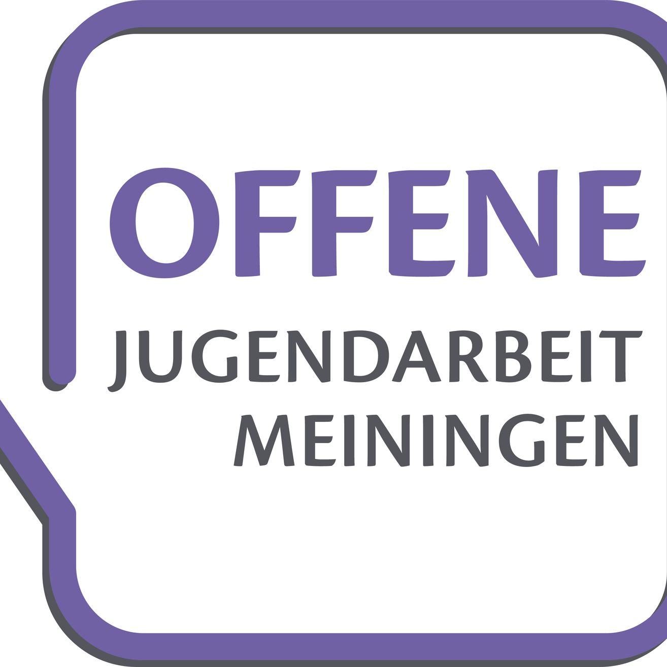 Auf einem weißen Hintergrund mit lila Rändern steht der Text 'OFFENE JUGENDARBEIT MEINUNGEN'. Das Wort 'OFFENE' ist in großen, großgeschriebenen Buchstaben geschrieben. Die Wörter 'JUGENDARBEIT' und 'MEINUNGEN' sind darunter in kleineren, großgeschriebenen Buchstaben geschrieben.