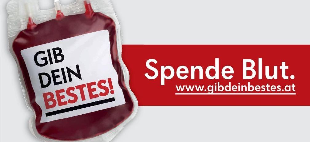 Ein Blutspendebeutel mit den Worten 'Spende Blut' und 'Gib dein Bestes' darauf. Die Website lautet www.gibdeinbestes.org.
