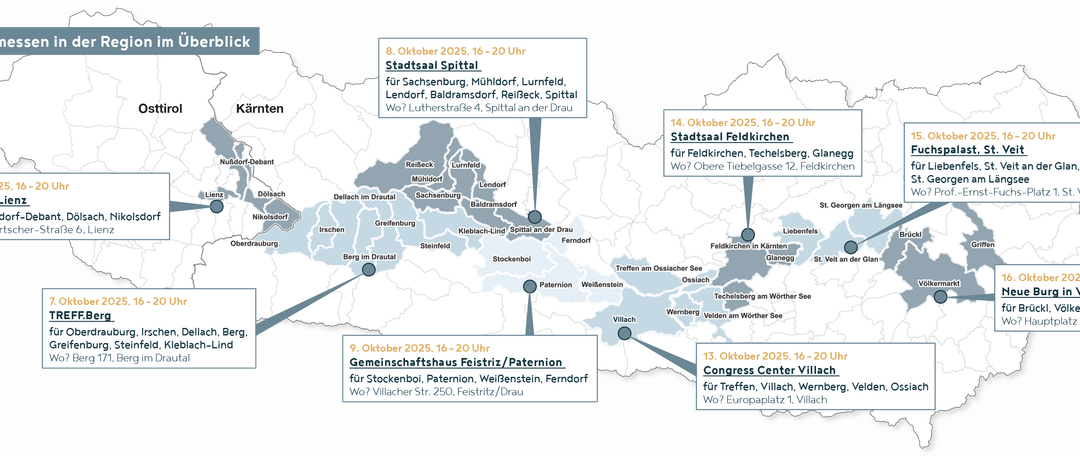 Ein Veranstaltungsplan zeigt mehrere Veranstaltungen im Oktober 2025, einschließlich Stadtsaal Spittal, Stadtsaal Feldkirchen, Gemeinschaftshaus Feistritz/Paternion und Congress Center. Jede Veranstaltung hat ein bestimmtes Datum, eine bestimmte Uhrzeit und einen bestimmten Ort.