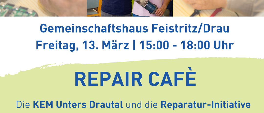 Eine Werbung für den ersten Reparaturtreff 2026 im Gemeinschaftshaus Feistritz/Drau. Menschen reparieren elektronische Geräte. Teilnahme ist kostenlos, Spenden sind willkommen.