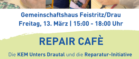 Eine Werbung für den ersten Reparaturtreff 2026 im Gemeinschaftshaus Feistritz/Drau. Menschen reparieren elektronische Geräte. Teilnahme ist kostenlos, Spenden sind willkommen.