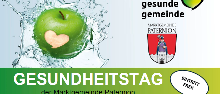 Plakat für den Gesundheitstag in der Marktgemeinde Paternion mit einem grünen Apfel mit Herzform darauf, Wasserspritzern und dem Logo der Gemeinde.