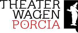 Das Bild zeigt das Logo für Theater Wagen Porcia. Das Logo enthält den Namen 'Theater Wagen Porcia' in fetten Buchstaben, mit einer Silhouette einer Person im Vordergrund, die möglicherweise auf der Bühne auftritt. Der Hintergrund ist eine schwarze Box mit Rädern, die auf einen mobilen Theaterwagen hinweist.