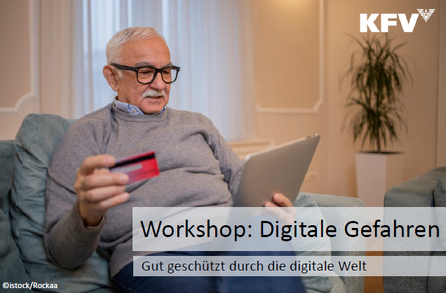 Ein älterer Mann mit Brille sitzt auf einem Stuhl, hält eine Kreditkarte in der Hand und schaut auf einen Laptop. Die Worte 'Workshop: Digitale Gefahren' sind auf dem Bild geschrieben.