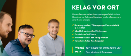 Zwei Männer sitzen an einem Tisch, einer lächelt und der andere schaut auf etwas auf dem Tisch. Der Hintergrund ist gelb und grün mit Text über Energieberatungsdienste.