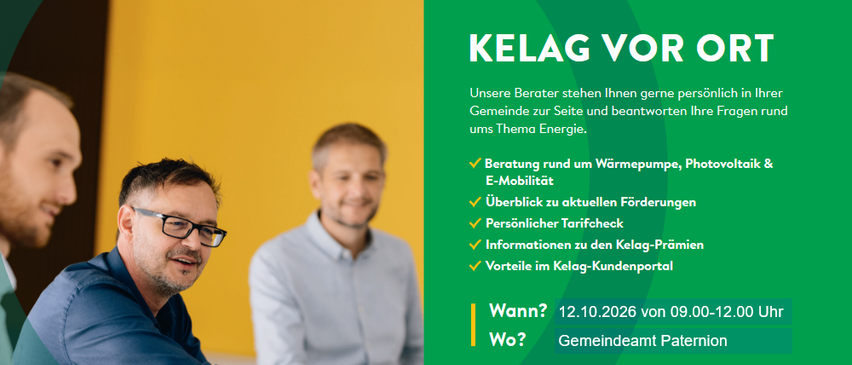 Zwei Männer sitzen an einem Tisch, einer lächelt und der andere schaut auf etwas auf dem Tisch. Der Hintergrund ist gelb und grün mit Text über Energieberatungsdienste.