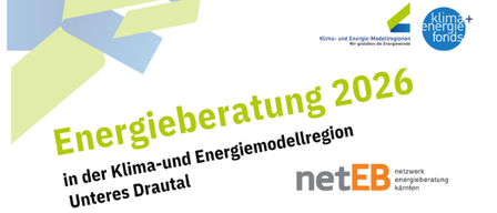 Plakat für Energieberatung 2026 in der Klima- und Energiemodellregion Unteres Drautal. Es bietet kostenlose und unabhängige Beratung zu Energie, Effizienz und Fördermöglichkeiten. Termine sind in verschiedenen Gemeindeämtern möglich.