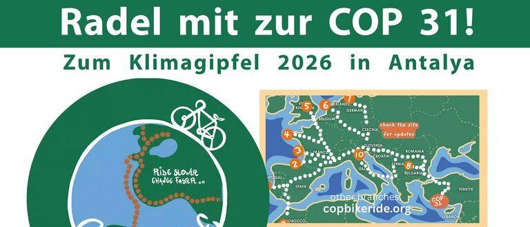 Plakat für eine Fahrradveranstaltung 'Cop 31 Ride', geplant für den 7. September. Es enthält eine Karte, Routendetails und einen QR-Code für die Anmeldung. Die Veranstaltung beginnt um 9:00 Uhr in Mallnitz und endet gegen 16:00 Uhr in Villach.