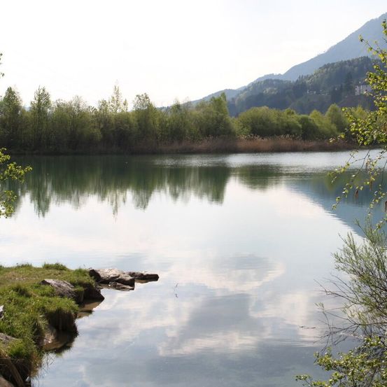 Ein ruhiger See, umgeben von üppigem grünem Laub und entfernten Bergen, mit Spiegelungen des Himmels und Wolken auf seiner Oberfläche.