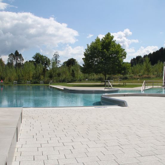Ein großer Außenpool ist von einem gefliesten Bereich mit einem Baum und einigen Bänken umgeben. Der Pool ist sauber und hat klares blaues Wasser.