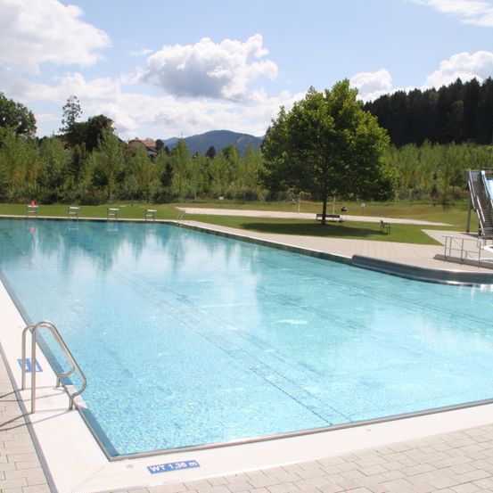 Ein Freibad mit einem Baum, Bergen und klarem Himmel. Der Pool ist leer und das Wasser ist blau.