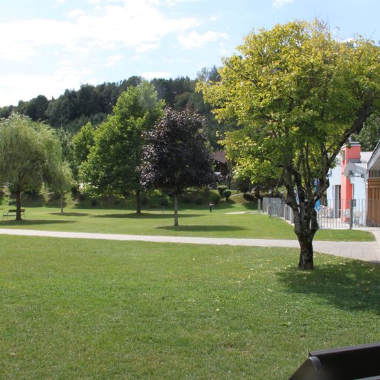 Ein Park mit einigen Bäumen und Bänken. Die Bäume sind in voller Blüte, und der Himmel ist blau mit einigen Wolken. In der Ferne befindet sich ein Gebäude mit einem Zaun.