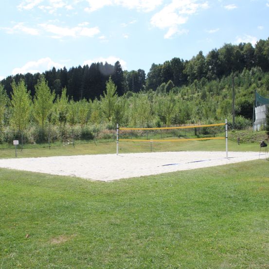 Ein Volleyballfeld mit einem gelben Netz ist auf einem Rasenfeld aufgebaut, im Hintergrund sind Bäume zu sehen.