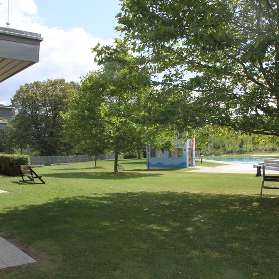 Ein Rasenpark mit einem Poolbereich in der Ferne. Ein kleines blau-weißes Gebäude steht in der Nähe des Pools. Bäume und Büsche sind vorhanden.