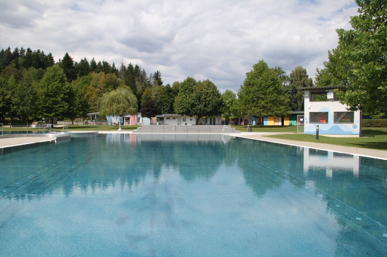 Ein großer Swimmingpool umgeben von grünem Rasen und farbenfrohen Gebäuden unter einem bewölkten Himmel. Bäume säumen den Rand.