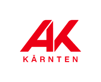 Das Logo für AK Kärnten ist auf schwarzem Hintergrund dargestellt. Die Buchstaben AK sind in fetter roter Schrift, mit Kärnten in kleineren roten Buchstaben darunter.