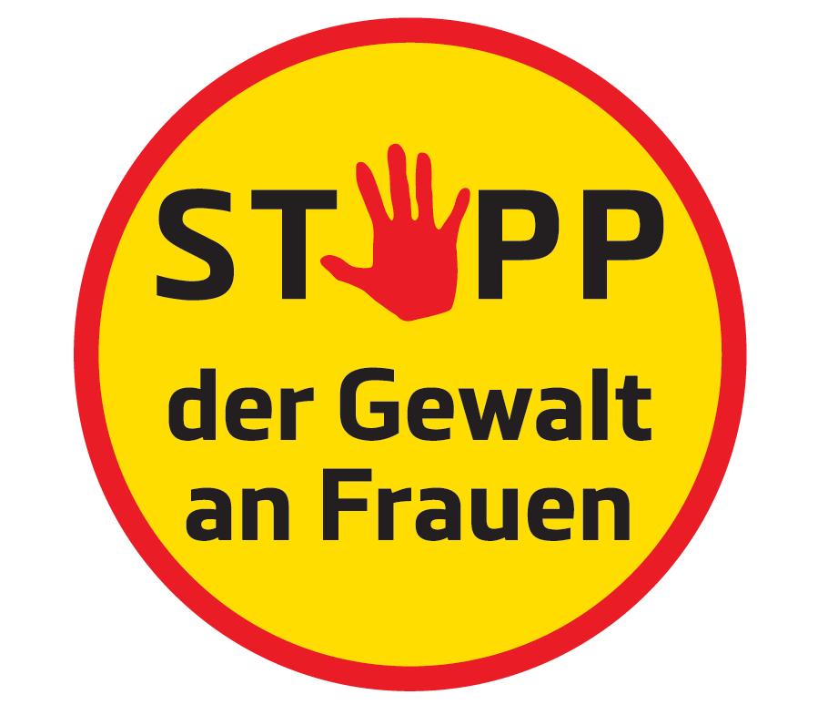 Ein gelbes Schild mit einer roten Hand in der Mitte sagt 'STOPP der Gewalt an Frauen'. Die Worte sind in Schwarz geschrieben.